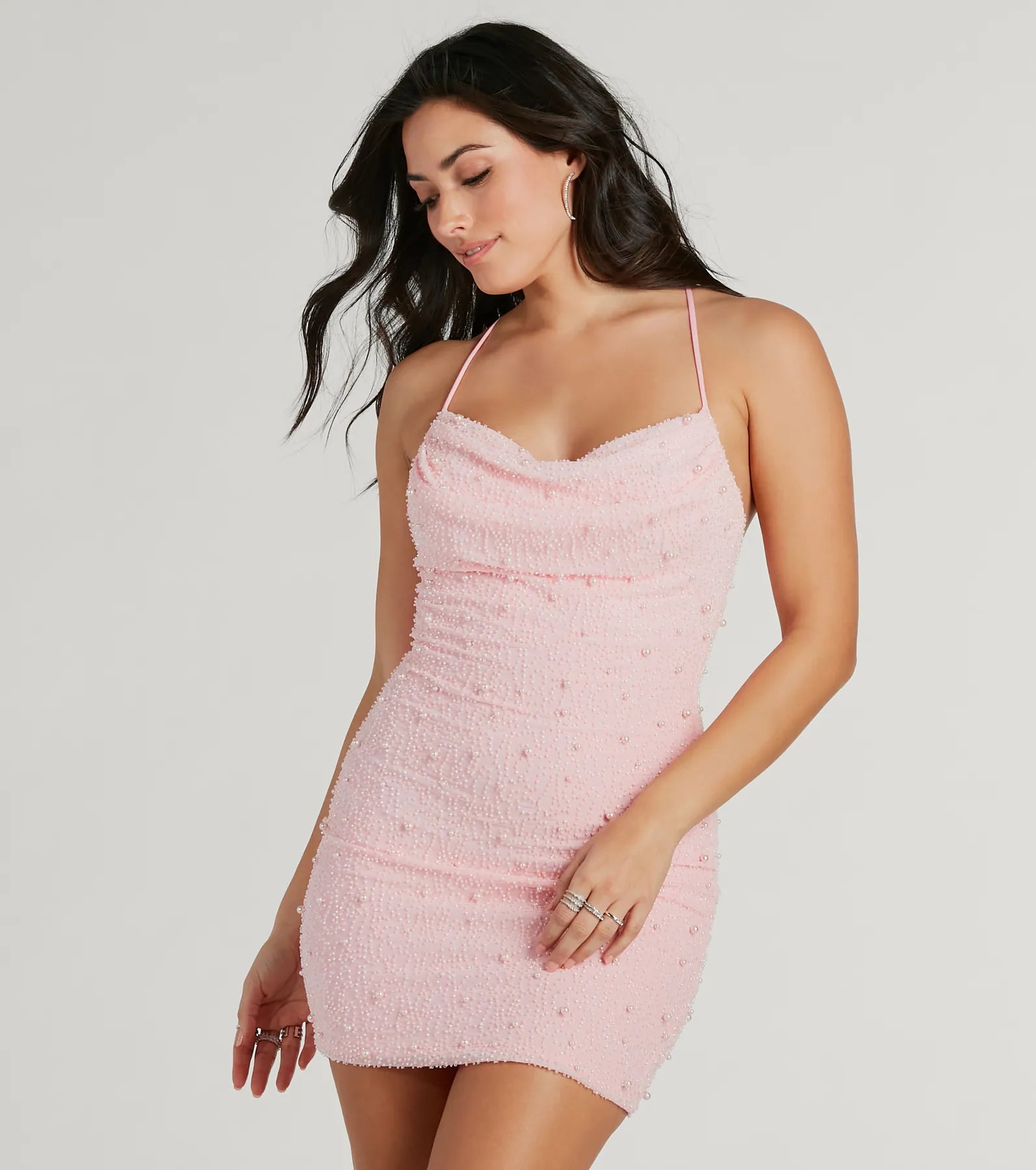 Keira Faux Pearl Strappy Open-Back Mini Dress - Image 1