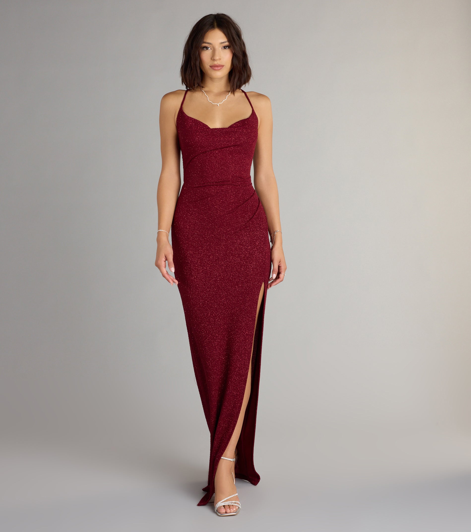 Amirah Formal Glitter Cowl Neck Column Dress - Image 5