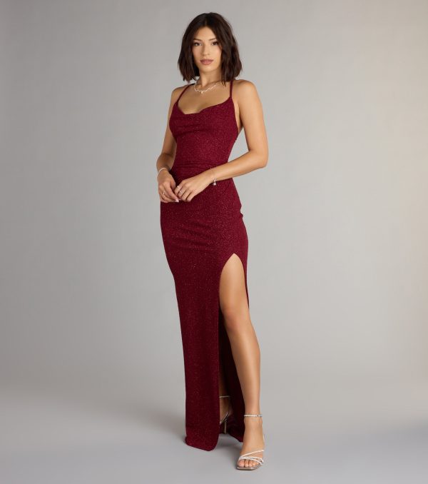 Amirah Formal Glitter Cowl Neck Column Dress