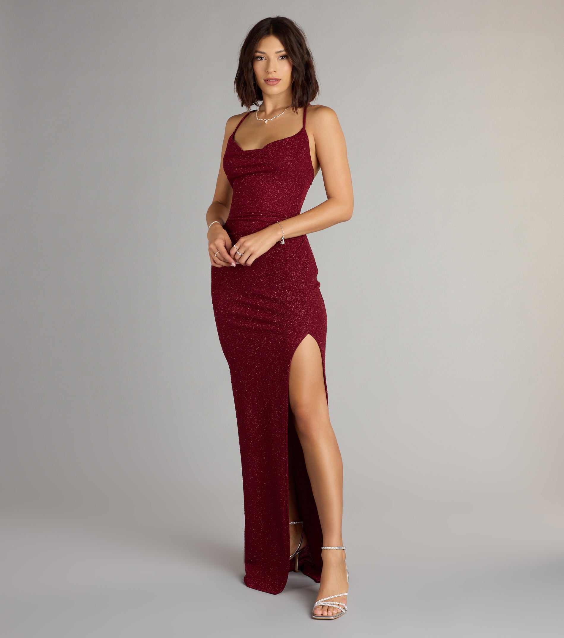 Amirah Formal Glitter Cowl Neck Column Dress - Image 8