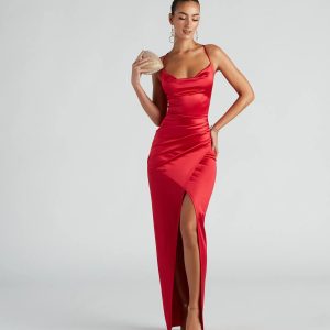 Chelsea Satin High Slit Formal Dress - Image 1