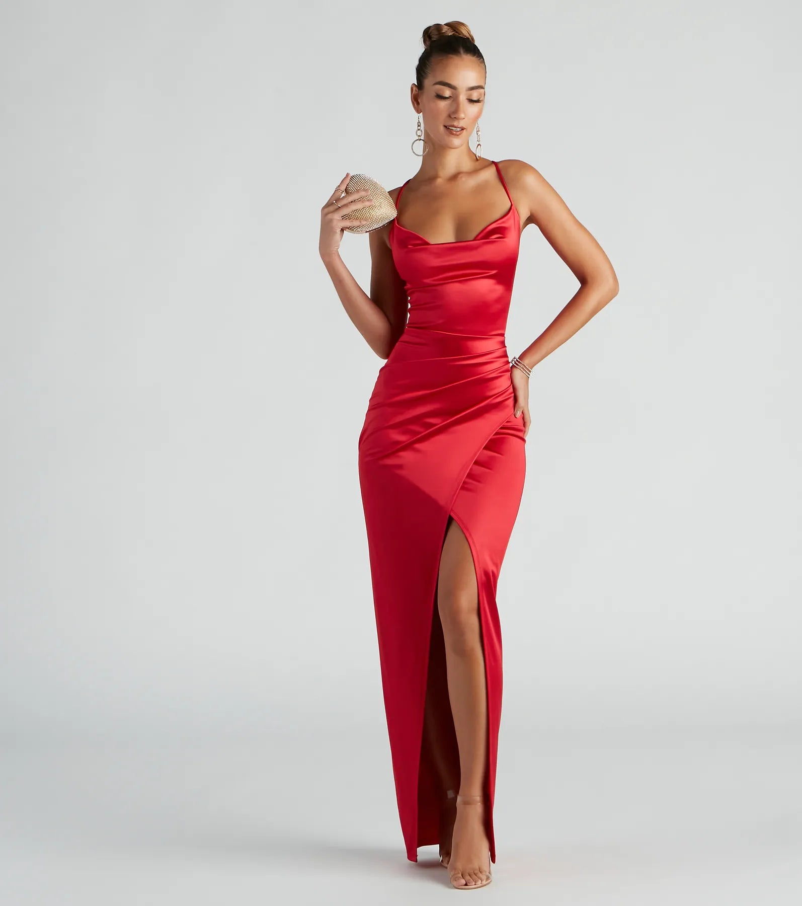 Chelsea Satin High Slit Formal Dress - Image 1