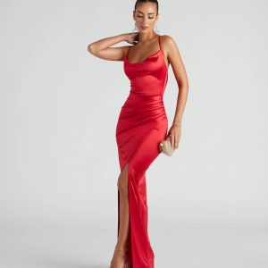 Chelsea Satin High Slit Formal Dress - Image 2
