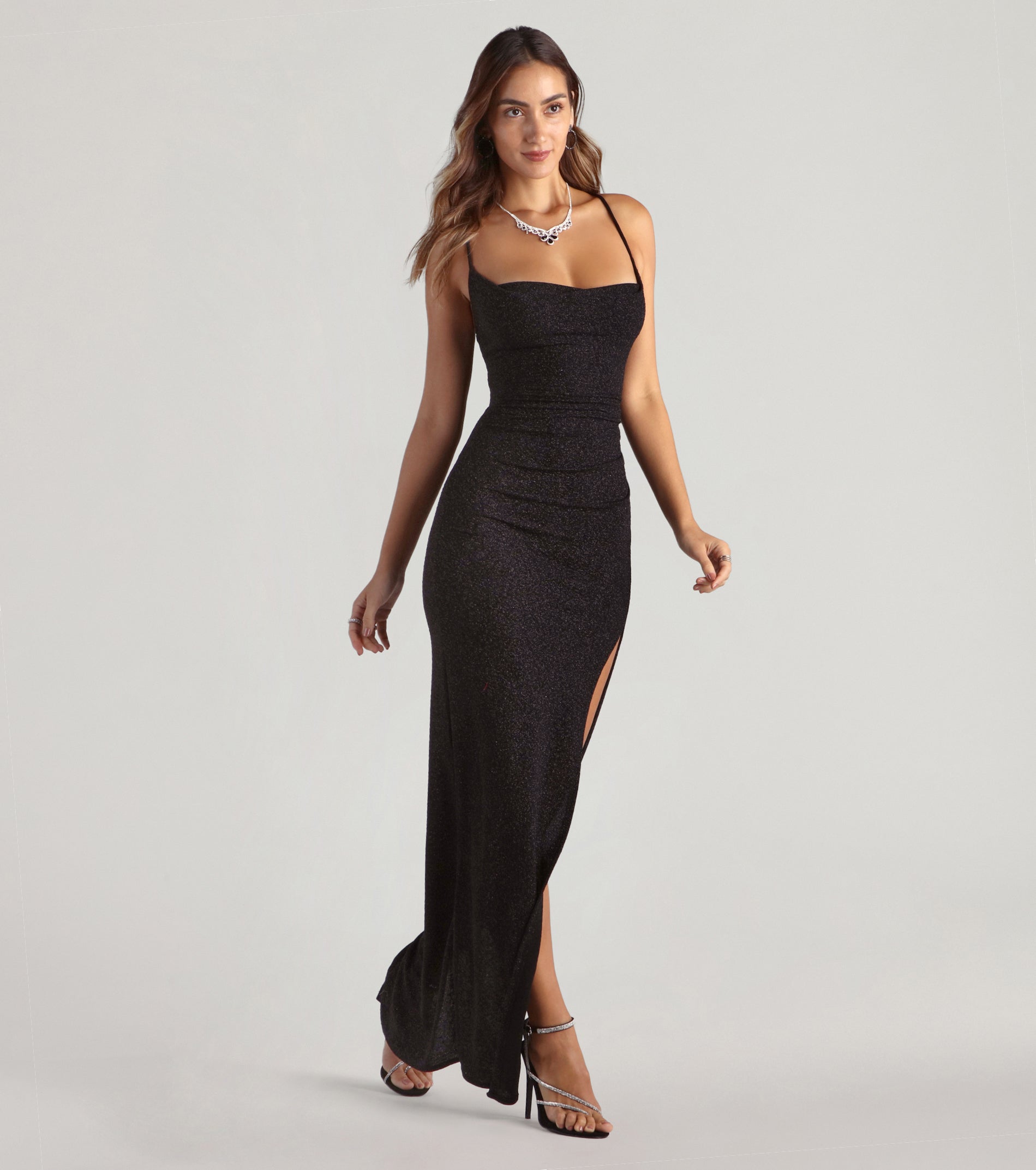 Amirah Formal Glitter Cowl Neck Column Dress - Image 15