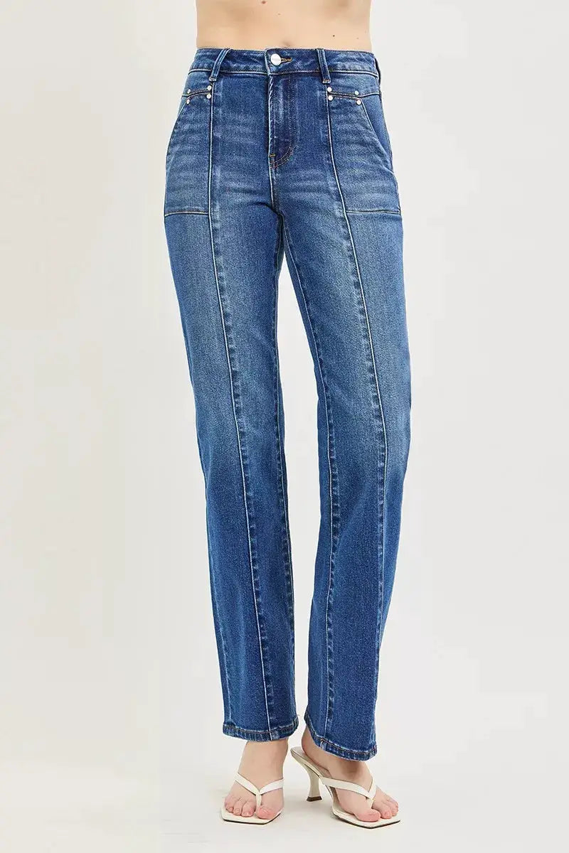 RISEN High Rise Straight Patch Pocket Seamed Jeans - Image 3