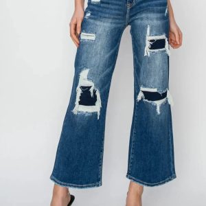 Risen Full Size High Rise Patch Detailed Wide Leg Crop Jeans - Image 1