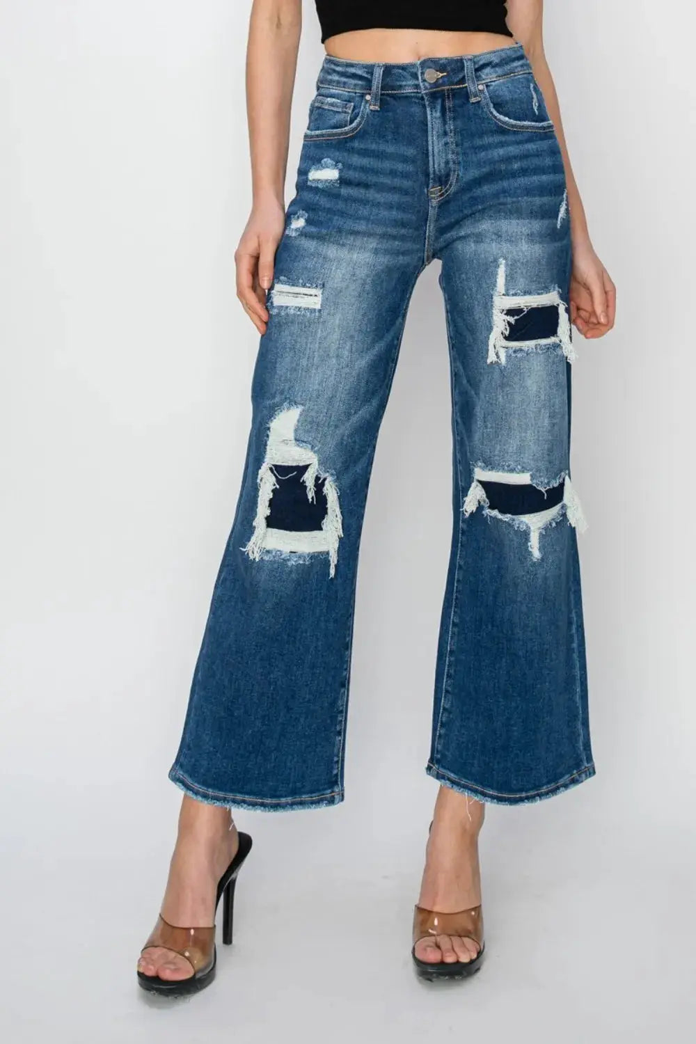 Risen Full Size High Rise Patch Detailed Wide Leg Crop Jeans - Image 1