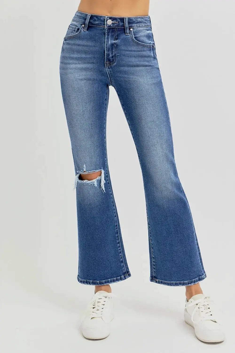 RISEN Full Size Distressed High Rise Crop Flare Jeans - Image 5
