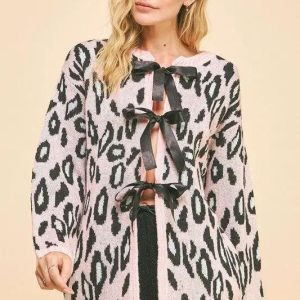 Davi & Dani Leopard Ribbon Tie Front Loose Fit Cardigan - Image 1