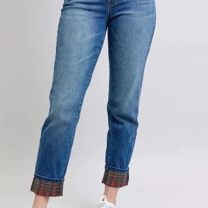 Judy Blue Full Size Plaid Print Cuff Straight Leg Jeans with Pockets - Image 1