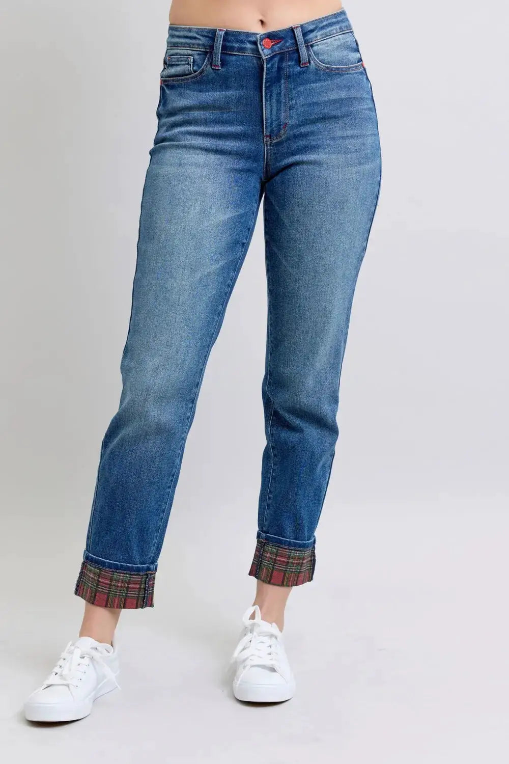 Judy Blue Full Size Plaid Print Cuff Straight Leg Jeans with Pockets - Image 1