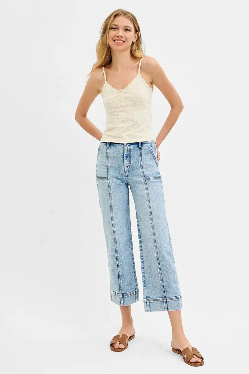 RISEN Full Size High Rise Crop Wide Front Seam Detailed Jeans Plus Size - Image 6
