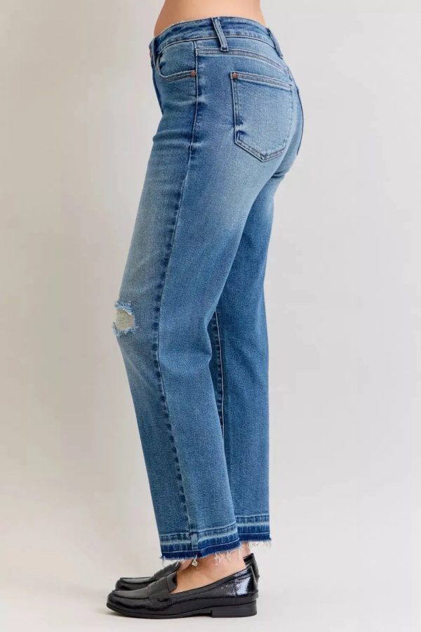 Judy Blue Full Size Mid Rise Bf Patch & Repair Destroy Release Hem Jeans Plus Size