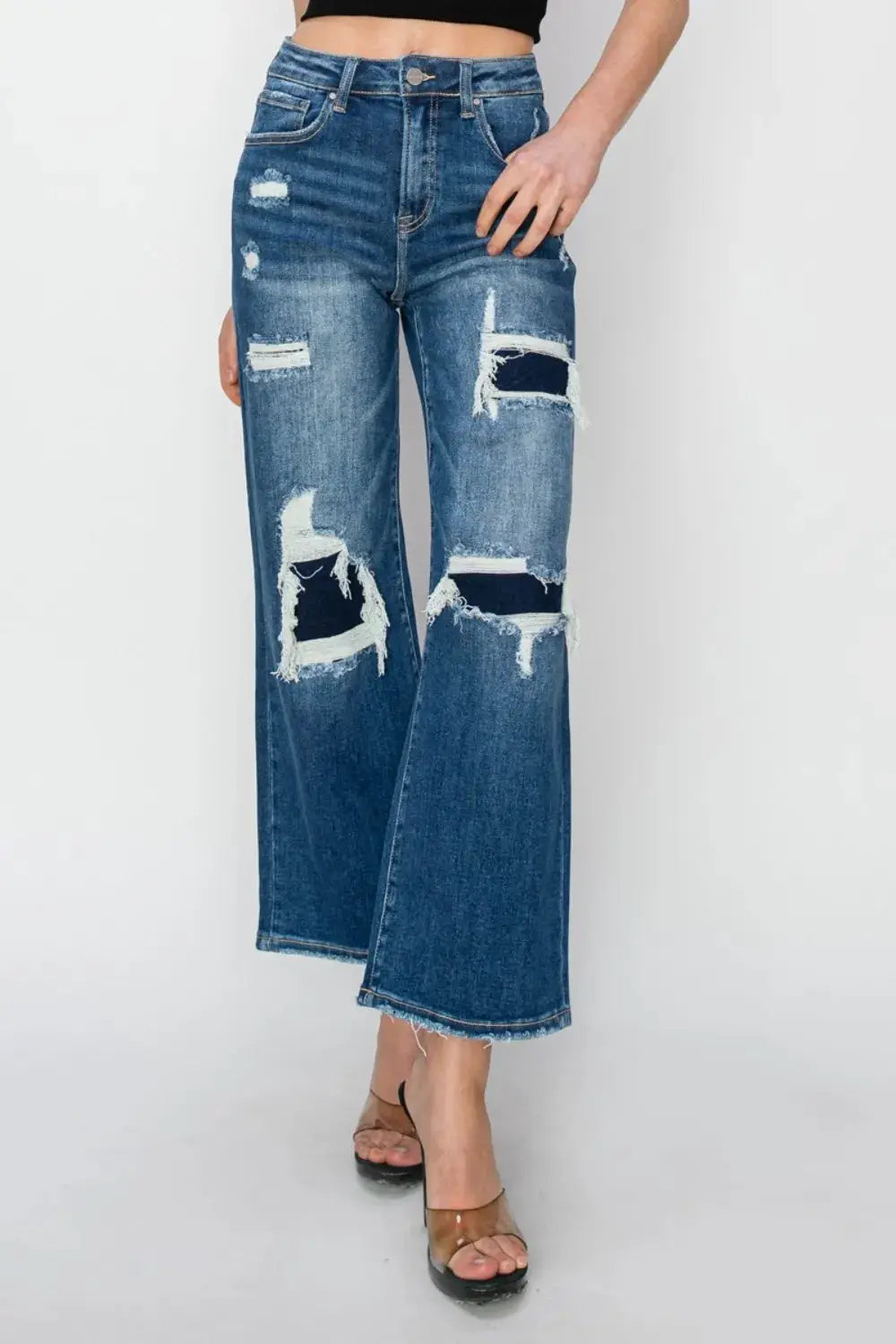 Risen Full Size High Rise Patch Detailed Wide Leg Crop Jeans - Image 4