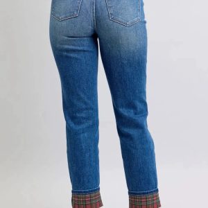 Judy Blue Full Size Plaid Print Cuff Straight Leg Jeans with Pockets - Image 2