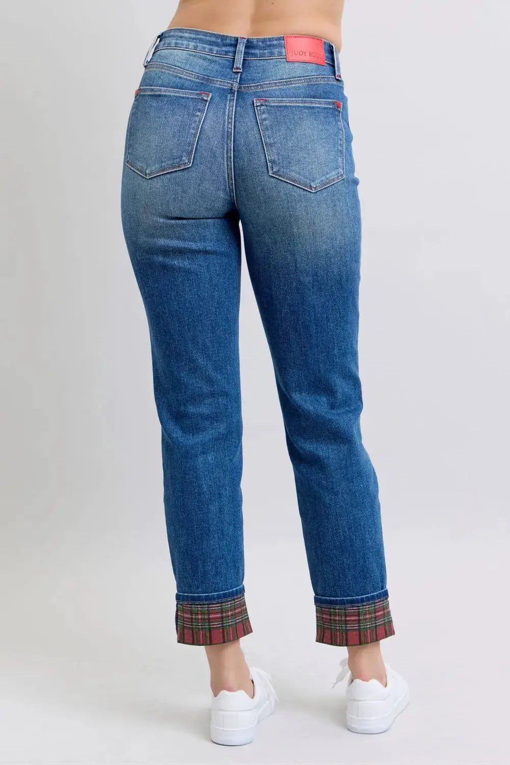 Judy Blue Full Size Plaid Print Cuff Straight Leg Jeans with Pockets - Image 2