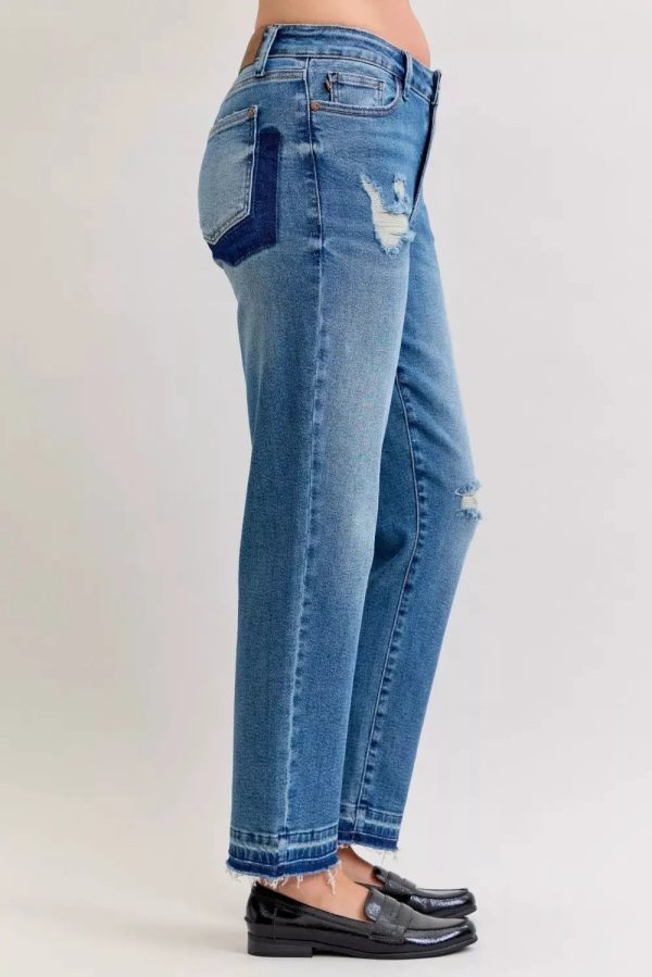 Judy Blue Full Size Mid Rise Bf Patch & Repair Destroy Release Hem Jeans Plus Size