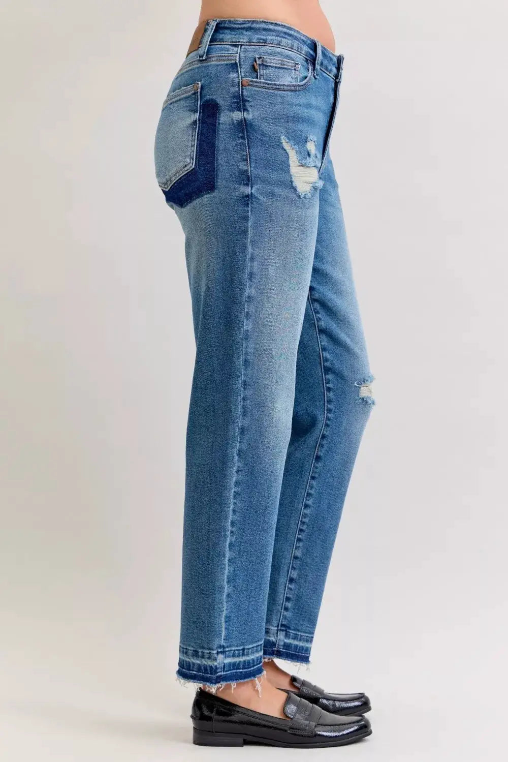 Judy Blue Full Size Mid Rise Bf Patch & Repair Destroy Release Hem Jeans Plus Size - Image 4