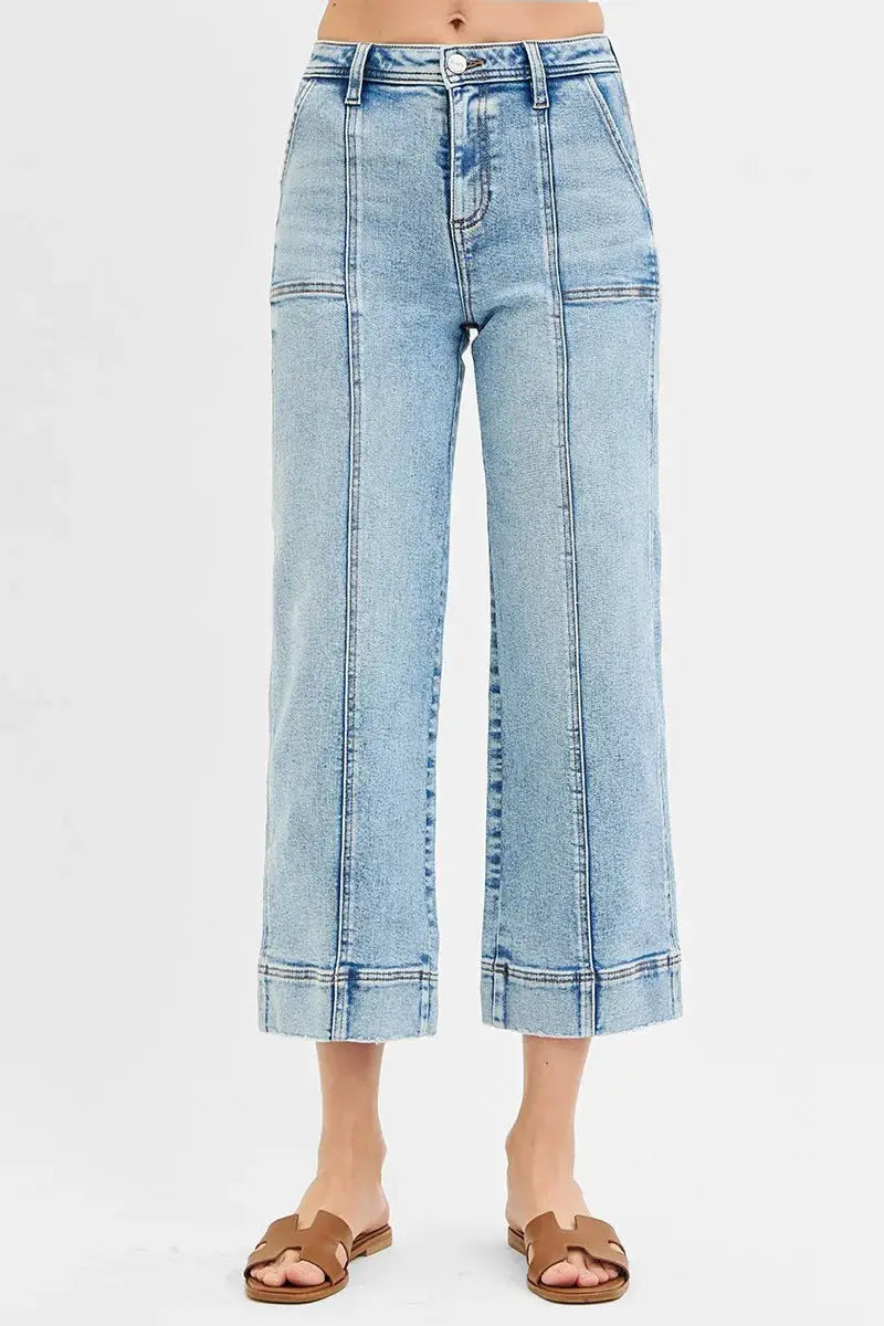 RISEN Full Size High Rise Crop Wide Front Seam Detailed Jeans Plus Size - Image 1