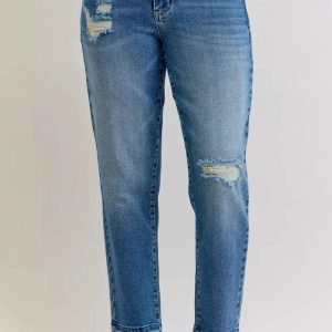 Judy Blue Full Size Mid Rise Bf Patch & Repair Destroy Release Hem Jeans Plus Size - Image 2