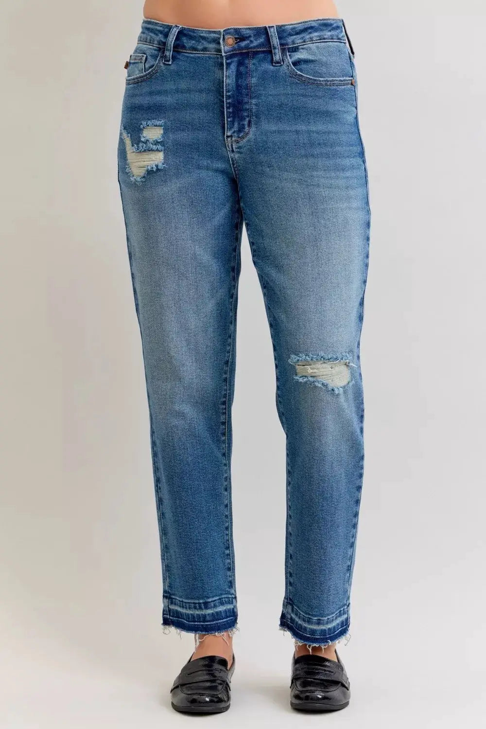 Judy Blue Full Size Mid Rise Bf Patch & Repair Destroy Release Hem Jeans Plus Size - Image 2