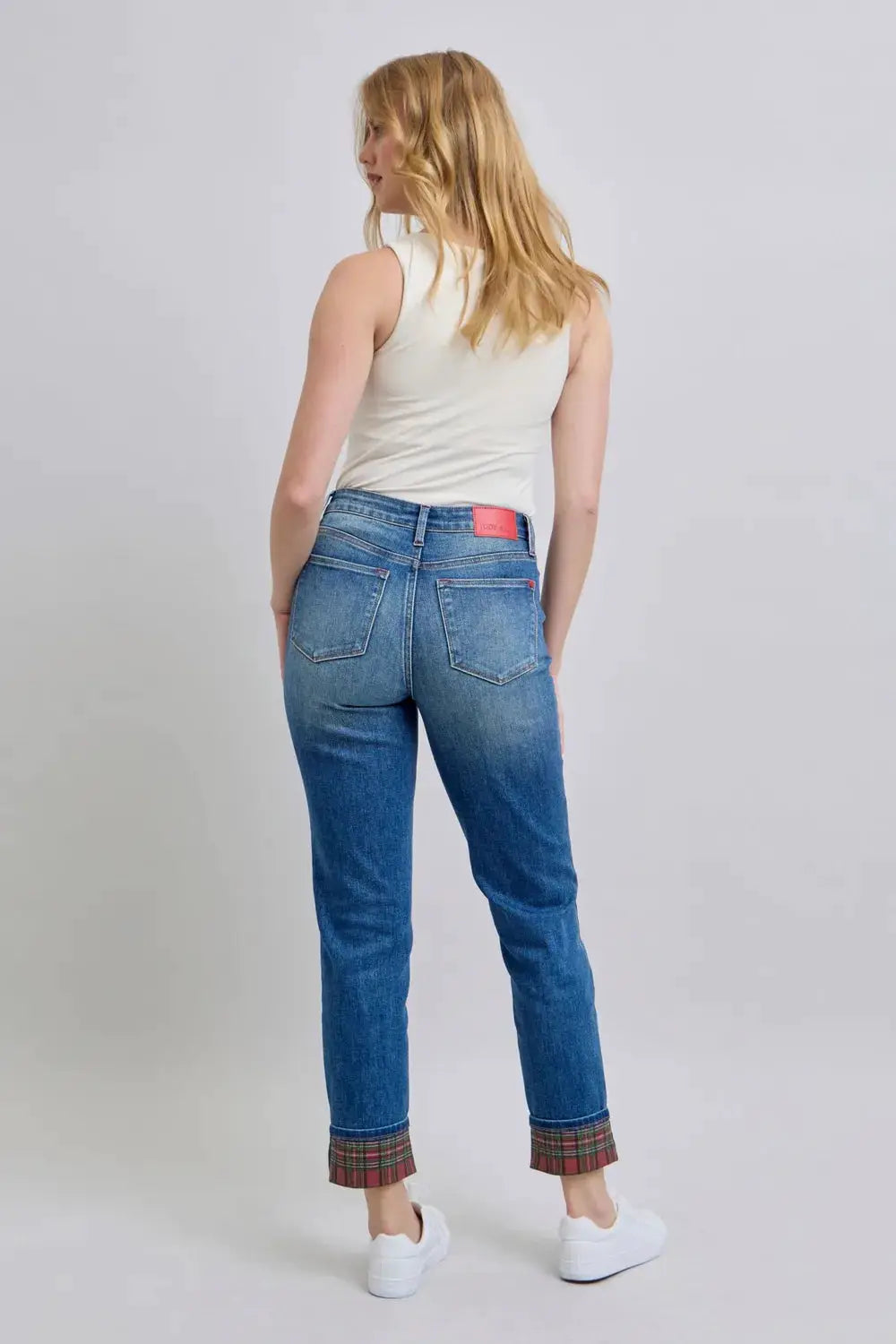 Judy Blue Full Size Plaid Print Cuff Straight Leg Jeans with Pockets - Image 8