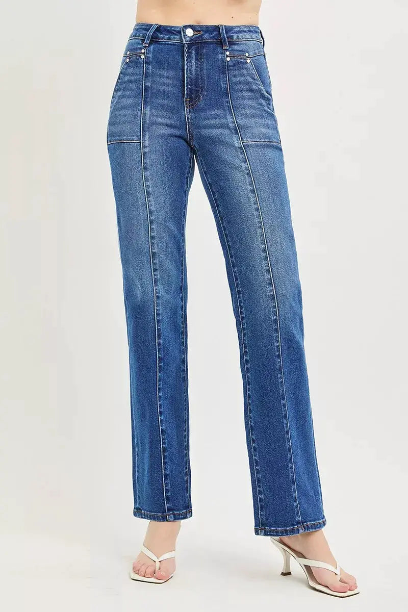 RISEN High Rise Straight Patch Pocket Seamed Jeans - Image 2