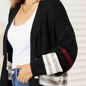 Double Take Striped Rib-Knit Drop Shoulder Open Front Cardigan - Image 4
