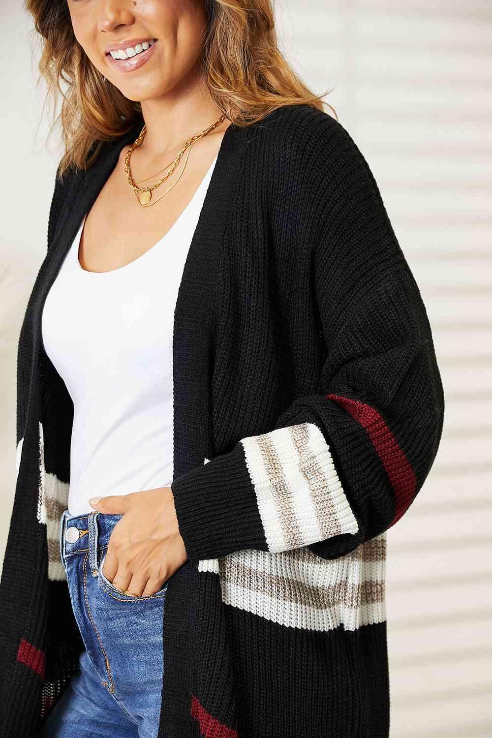 Double Take Striped Rib-Knit Drop Shoulder Open Front Cardigan - Image 4