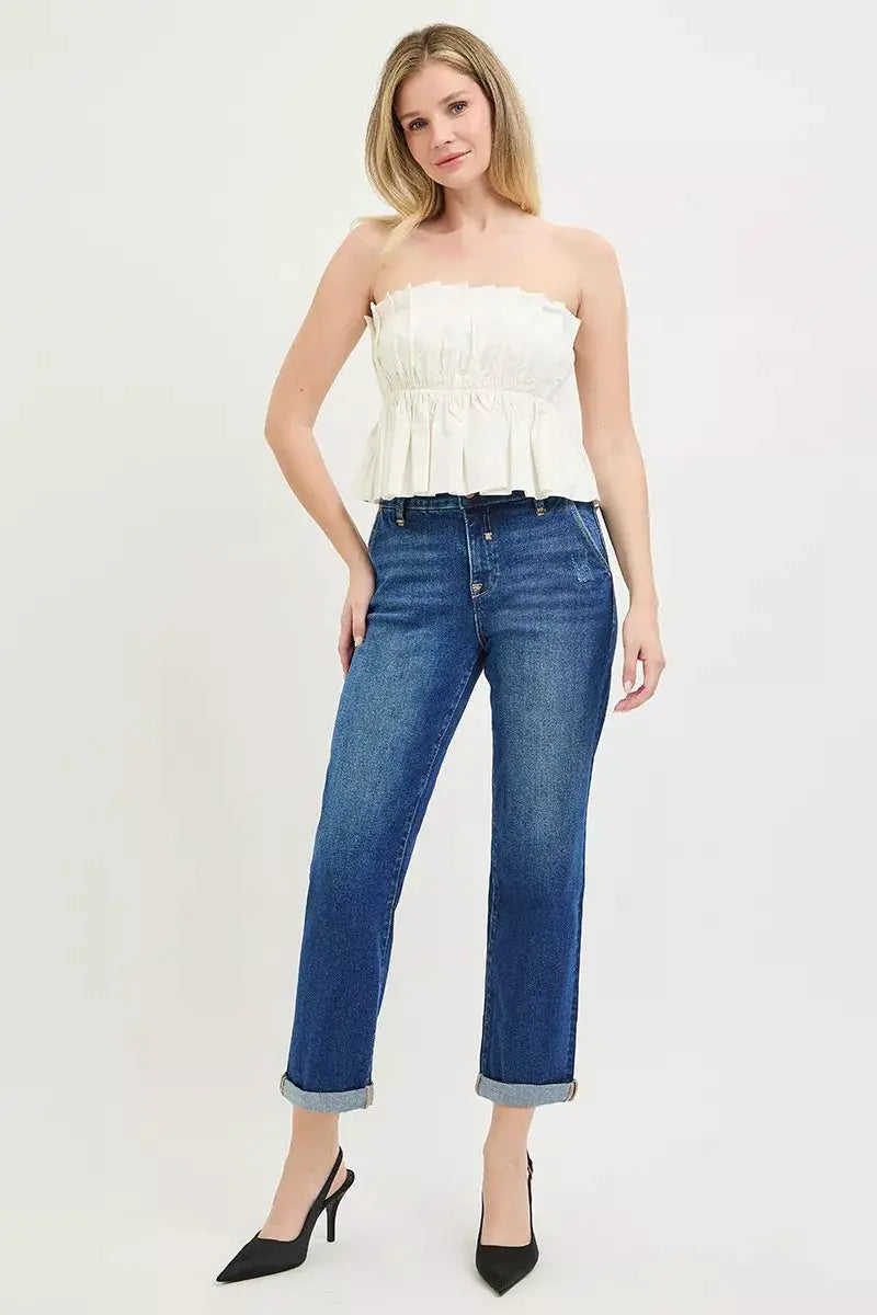 RISEN Slouchy Cropped Boyfriend Jeans with Cuffed Hem - Image 6