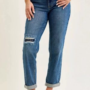 Judy Blue Mid Rise Boyfriend Embroidered Repair Patch Jeans - Image 1