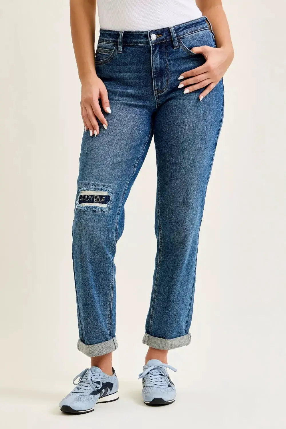 Judy Blue Mid Rise Boyfriend Embroidered Repair Patch Jeans - Image 1