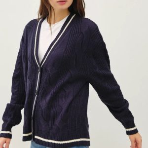 Be Cool Contrast Trim Cable-Knit V-Neck Cardigan - Image 2