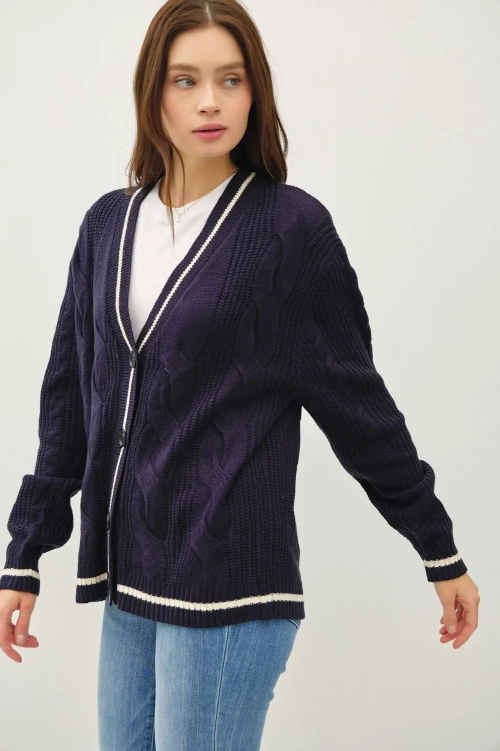 Be Cool Contrast Trim Cable-Knit V-Neck Cardigan - Image 2