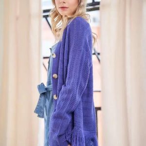 Davi & Dani Fringe V-Neck Button Up Long Sleeve Cardigan - Image 3