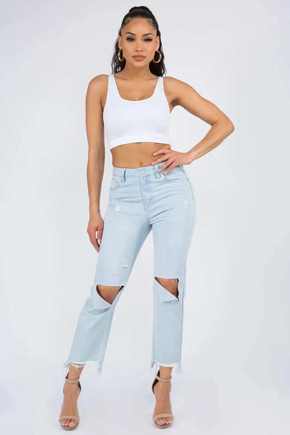 American Bazi High Waist Distressed Raw Hem Jeans - Image 4