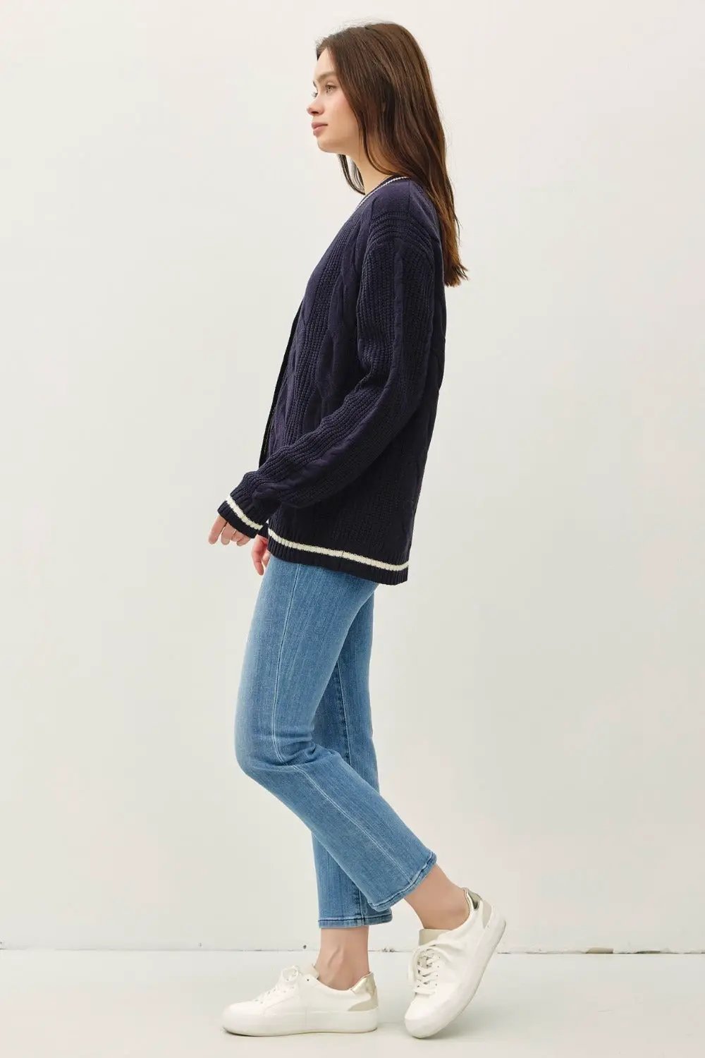 Be Cool Contrast Trim Cable-Knit V-Neck Cardigan - Image 4