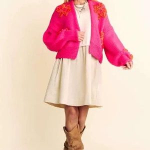 Davi & Dani Floral Applique Open Front Drop Shoulder Cardigan - Image 5