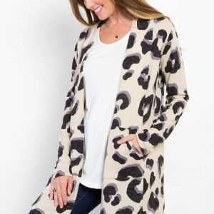 Be Stage Printed Open Front Knit Cardigan with Pockets - Image 3