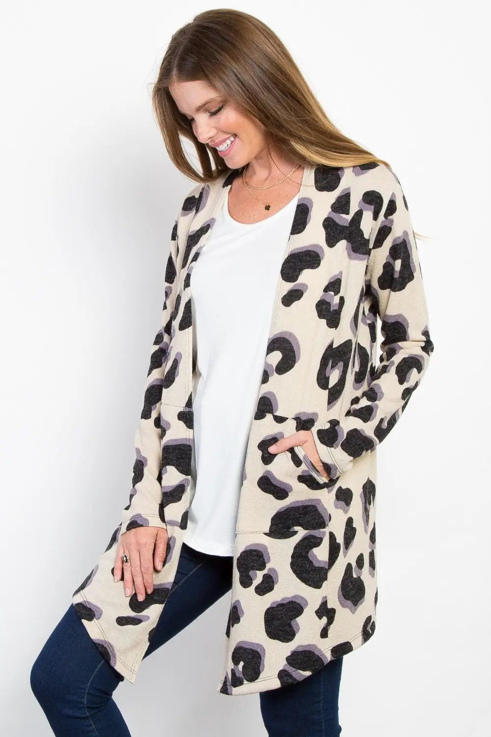 Be Stage Printed Open Front Knit Cardigan with Pockets - Image 3