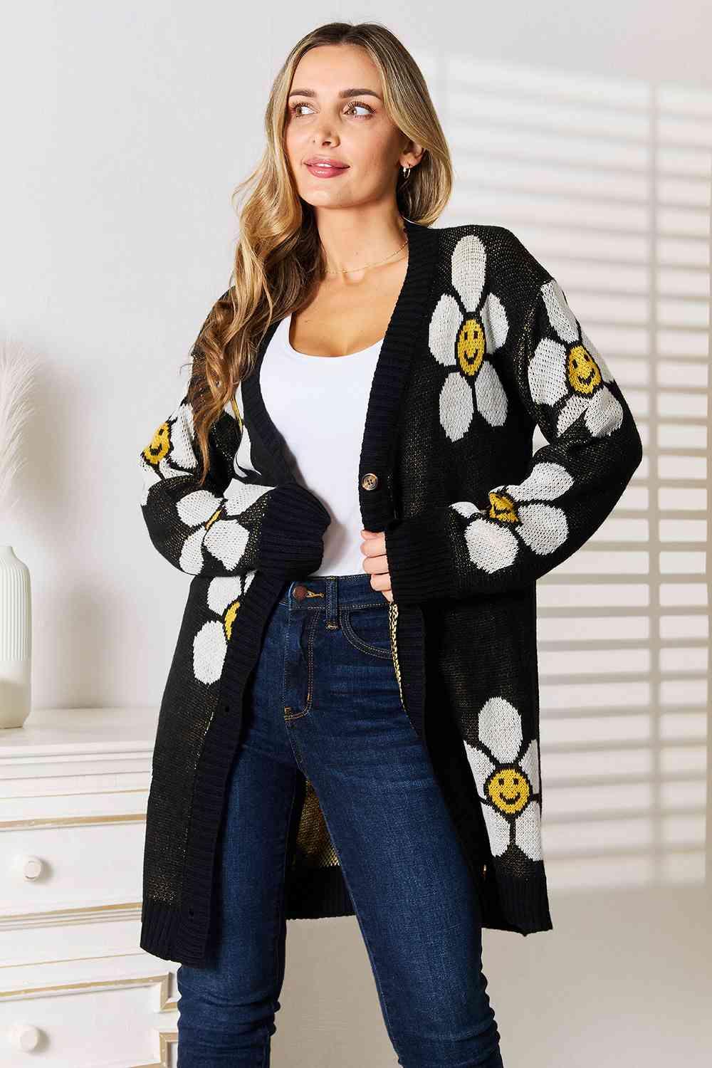 Double Take Floral Button Down Longline Cardigan - Image 1