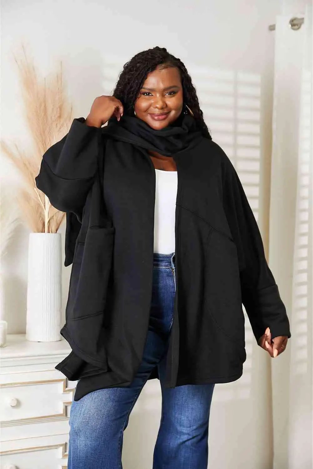HEYSON Full Size Open Front Cardigan with Scarf Design - Image 10