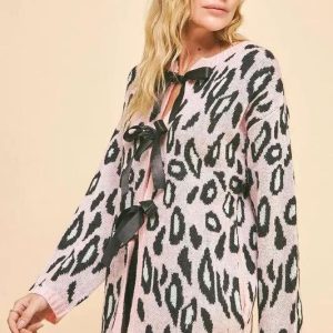 Davi & Dani Leopard Ribbon Tie Front Loose Fit Cardigan - Image 3