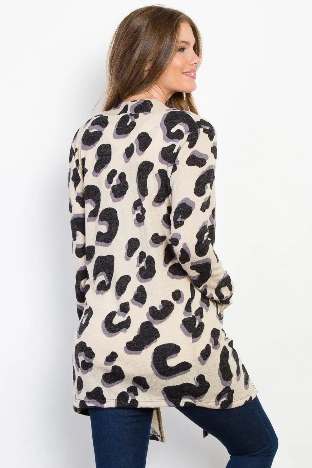 Be Stage Printed Open Front Knit Cardigan with Pockets - Image 2