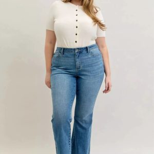 Judy Blue Full Size Mid Rise Slim Bootcut Tummy Control Release Hem Jeans Plus Size - Image 4