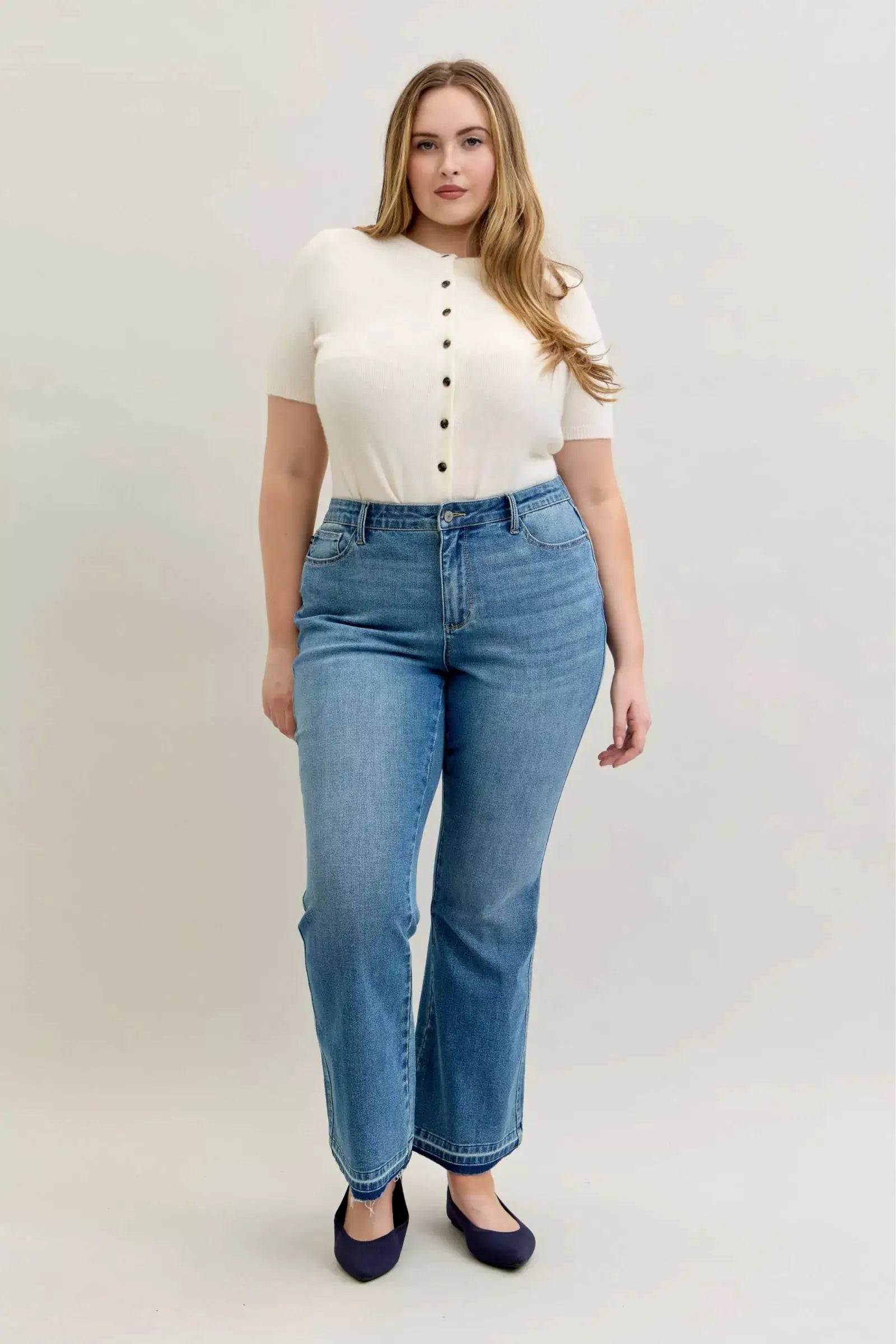 Judy Blue Full Size Mid Rise Slim Bootcut Tummy Control Release Hem Jeans Plus Size - Image 4