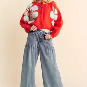 Davi & Dani Flower Contrast Round Neck Long Sleeve Cardigan - Image 5