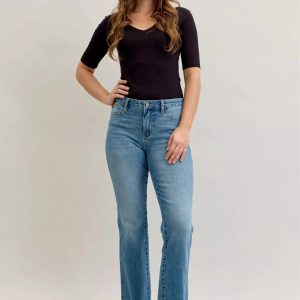 Judy Blue Full Size Mid Rise Slim Bootcut Tummy Control Release Hem Jeans Plus Size - Image 1