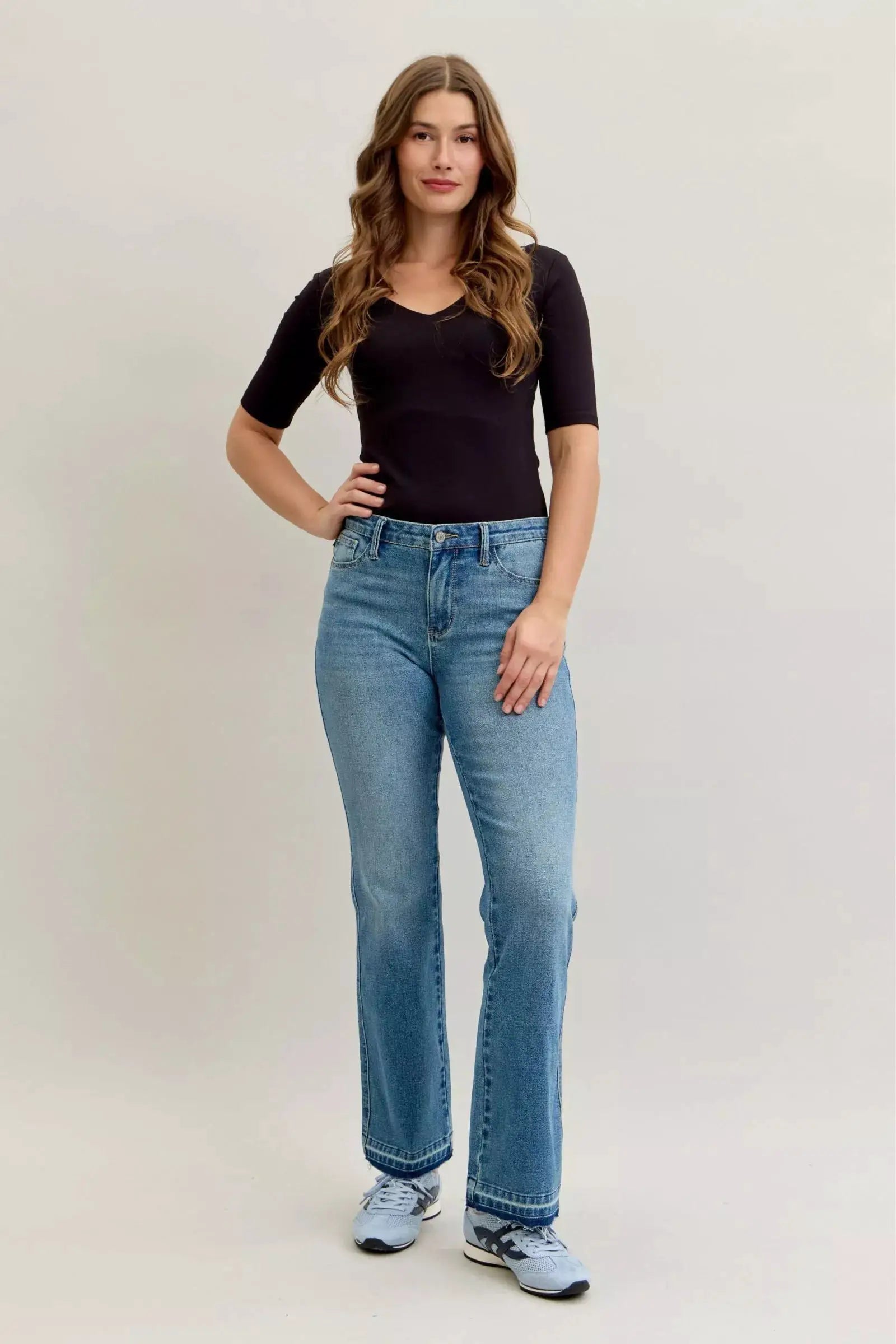 Judy Blue Full Size Mid Rise Slim Bootcut Tummy Control Release Hem Jeans Plus Size - Image 1