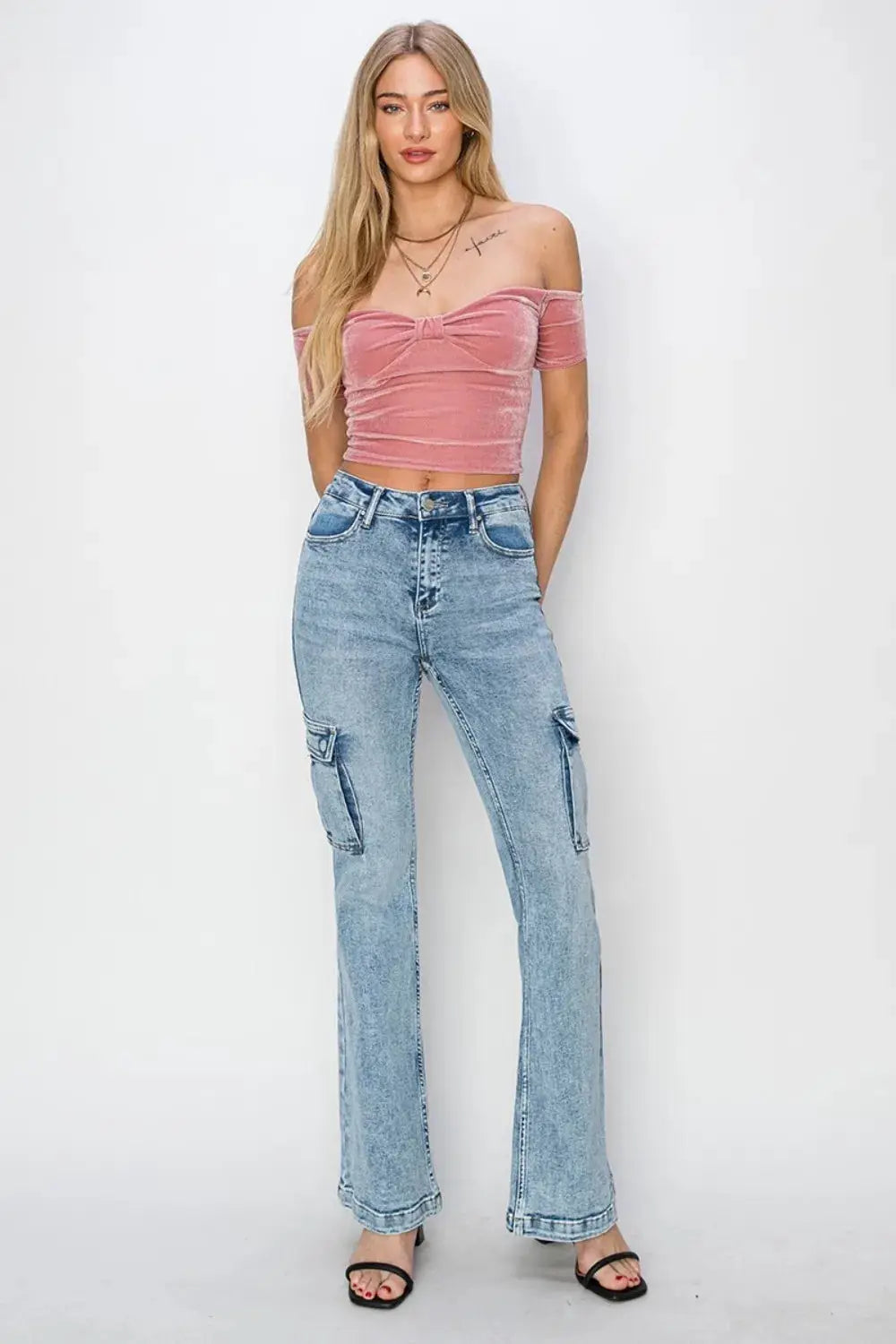 RISEN Full Size High Rise Cargo Flare Jeans - Image 7